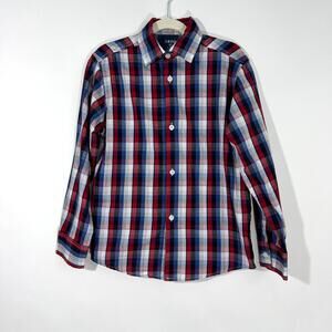 IZOD Boy’s Husky Size 8 Blue Red Plaid Button Front Collared Dress Shirt